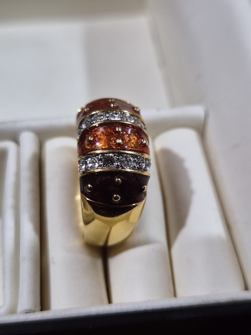 Joan Rivers Gold-Tone Dome Ring with Orange and Brown Enamel and Clear Stones
